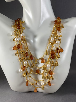 Vintage Premier Designs Gold Tone Chain Pearl & Amber Beads Necklace 18 Inch