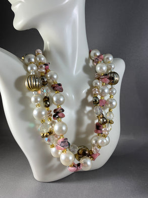 Vintage Necklace 3-Strand White Gold Tone Pink Beads 20 Inch
