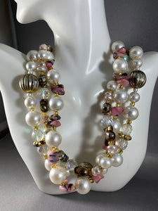 Vintage Necklace 3-Strand White Gold Tone Pink Beads 20 Inch