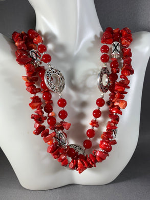 Vintage Premier Designs Necklace Silver & Red Coral Beads 3-Strands 20 Inch