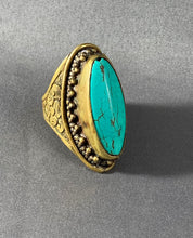 Load image into Gallery viewer, Tibetan Ring Turquoise Inlay Brass Metal Repousse Jewelry Adjustable