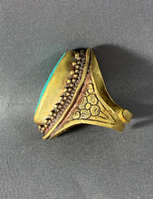 Load image into Gallery viewer, Tibetan Ring Turquoise Inlay Brass Metal Repousse Jewelry Adjustable