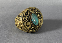 Load image into Gallery viewer, Tibetan Ring Turquoise Inlay Brass Metal Repousse Jewelry Size 8.5