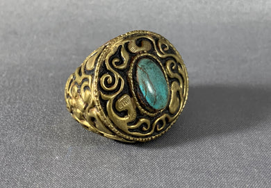 Tibetan Ring Turquoise Inlay Brass Metal Repousse Jewelry Size 8.5