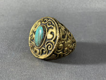 Load image into Gallery viewer, Tibetan Ring Turquoise Inlay Brass Metal Repousse Jewelry Size 8.5