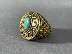 Tibetan Ring Turquoise Inlay Brass Metal Repousse Jewelry Size 8.5