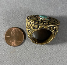 Load image into Gallery viewer, Tibetan Ring Turquoise Inlay Brass Metal Repousse Jewelry Size 8.5