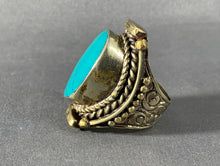 Load image into Gallery viewer, Tibetan Ring Turquoise Inlay Silver Metal Repousse Jewelry Size 9