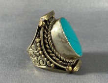 Load image into Gallery viewer, Tibetan Ring Turquoise Inlay Silver Metal Repousse Jewelry Size 9