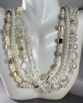 PD Vintage Necklace Premier Designs 4-Strand White Clear Mother of Pearl Beads