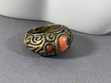 Load image into Gallery viewer, Tibetan Ring Coral Inlay Brass Metal Repousse Jewelry Size 8.5