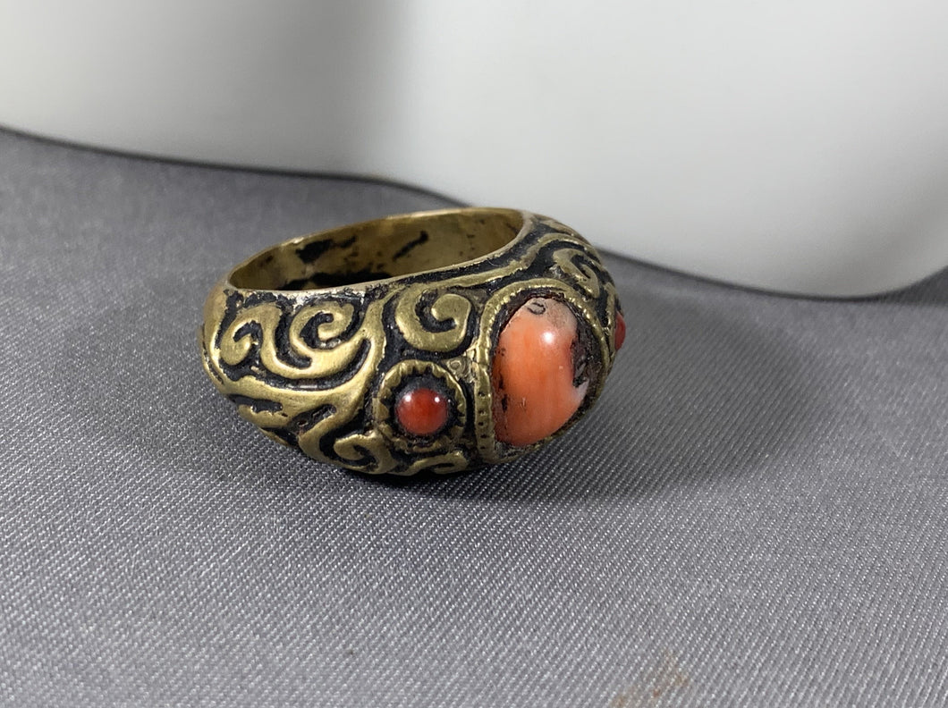 Tibetan Ring Coral Inlay Brass Metal Repousse Jewelry Size 8.5