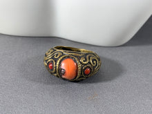 Load image into Gallery viewer, Tibetan Ring Coral Inlay Brass Metal Repousse Jewelry Size 8.5