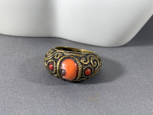 Tibetan Ring Coral Inlay Brass Metal Repousse Jewelry Size 8.5