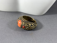 Load image into Gallery viewer, Tibetan Ring Coral Inlay Brass Metal Repousse Jewelry Size 8.5