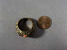 Load image into Gallery viewer, Tibetan Ring Coral Inlay Brass Metal Repousse Jewelry Size 8.5