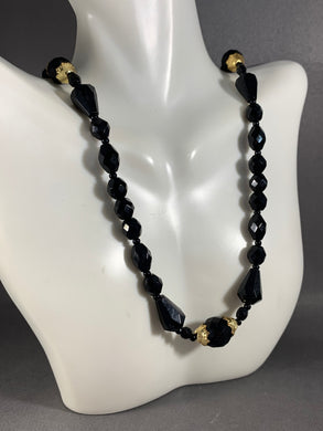 Vintage Necklace Black Faceted Glass Beads 24 Inch