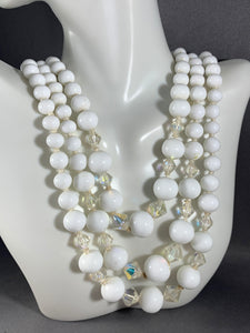 Vintage 3-strand White Glass Bead Necklace 15-17 Inch