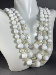 Vintage 3-strand White Glass Bead Necklace 15-17 Inch