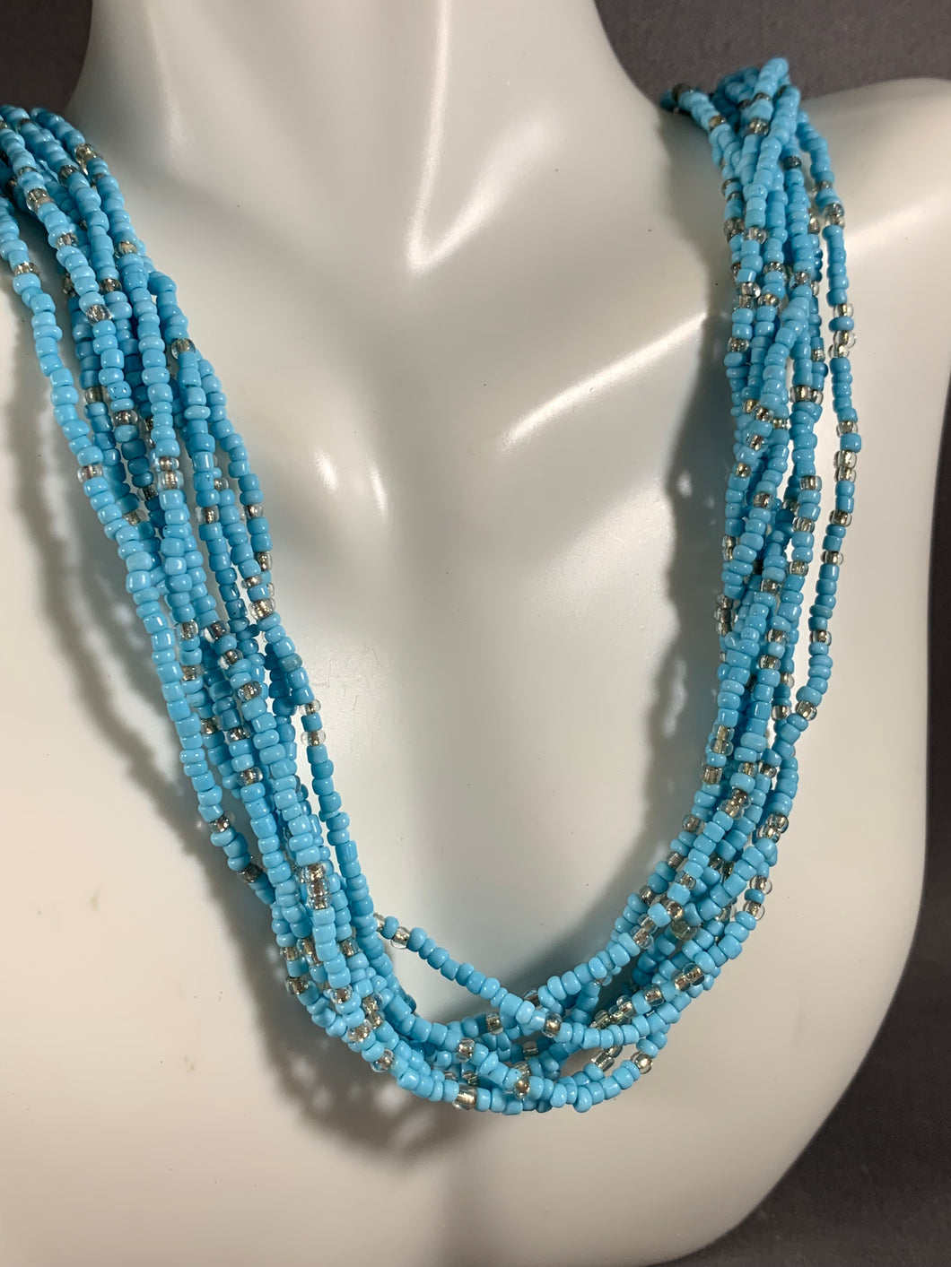 Vintage 8-strand Blue Seed Bead Necklace 26 Inch