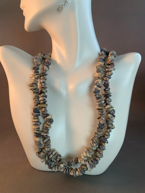Vintage Stone Beads Necklace 34 Inch Gray and White with Slight Violet Tint