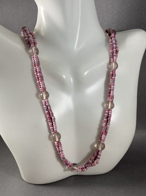 Vintage Pink Maasai and Violet Seed Beads Necklace 38 Inch