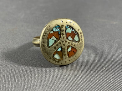 Tibetan Peace Ring Turquoise Coral Inlay Metal Repousse Jewelry Size 8.25