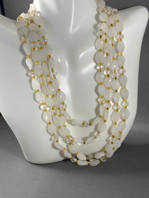 Vintage 4-Strand White Glass Beads Necklace 15-17 Inch