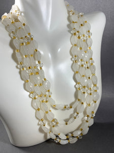 Vintage 4-Strand White Glass Beads Necklace 15-17 Inch