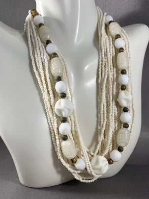 Vintage 21-Strand White Glass Seed Beads Necklace 14 Inch