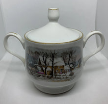 Load image into Gallery viewer, Vintage Avon China Sugar Bowl Two Handles Snowy Winter Water Mill 1981