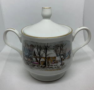 Vintage Avon China Sugar Bowl Two Handles Snowy Winter Water Mill 1981