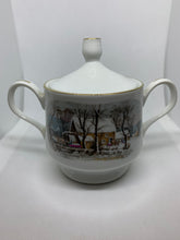 Load image into Gallery viewer, Vintage Avon China Sugar Bowl Two Handles Snowy Winter Water Mill 1981