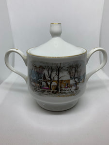 Vintage Avon China Sugar Bowl Two Handles Snowy Winter Water Mill 1981