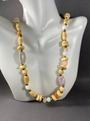 Vintage Necklace Bone Metal and Stone Beads 34 Inch