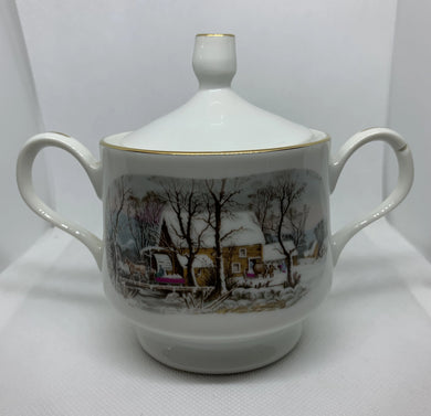 Vintage Avon China Sugar Bowl Two Handles Snowy Winter Water Mill 1981