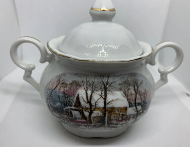 Vintage Avon China Sugar Bowl Two Handles Snowy Winter Water Mill 1977