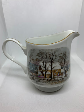 Vintage Avon China Cream Pitcher Snowy Winter Water Mill 1981