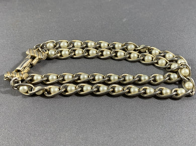 CORO Vintage Metal and Pearl Double Link Chain Bracelet 8 Inch