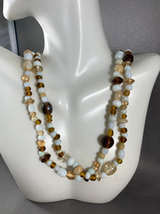 Vintage Amber and White Glass Beads Necklace 54 Inch