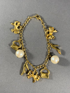 Vintage Gold Tone Chain White Faux Pearl and Charms Bracelet 7.25 Inch