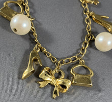 Load image into Gallery viewer, Vintage Gold Tone Chain White Faux Pearl and Charms Bracelet 7.25 Inch