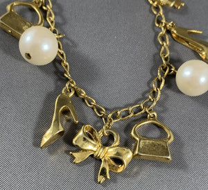 Vintage Gold Tone Chain White Faux Pearl and Charms Bracelet 7.25 Inch