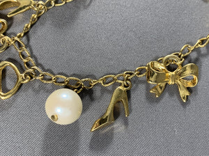 Vintage Gold Tone Chain White Faux Pearl and Charms Bracelet 7.25 Inch