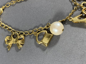 Vintage Gold Tone Chain White Faux Pearl and Charms Bracelet 7.25 Inch