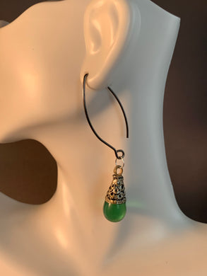 Tibetan Earrings Green Crystal Teardrop Translucent Pendant Silver Metal Repousse