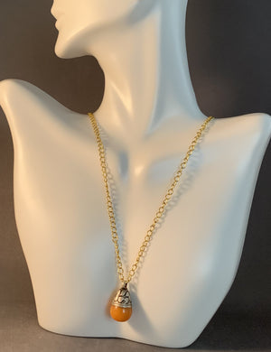 Tibetan Necklace Orange Jade Stone Teardrop Pendant Silver Metal Repousse