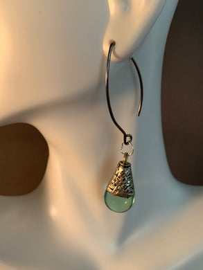 Tibetan Earrings Green Crystal Translucent Pendant Silver Metal Repousse