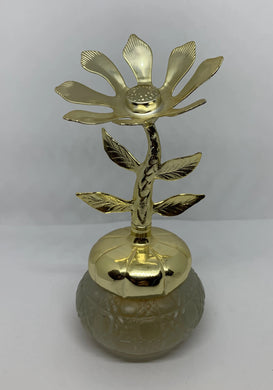 Avon Vintage Brass Flower Keepsake Elusive Cream Sachet Frosted Glass Empty