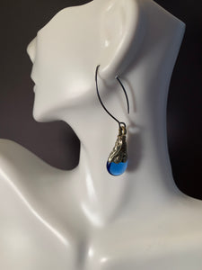 Tibetan Earrings Blue Translucent Silver Metal Repousse